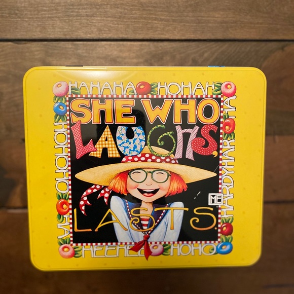 Mary Engelbreit Mother's Day Tin & Stationery Set "She Who Laughs Lasts" VGC - Picture 1 of 5